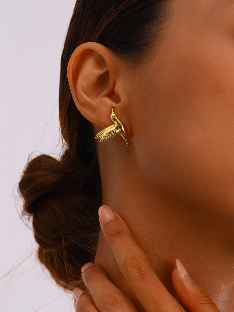 Boucles d’oreilles colibri dorées, acier inoxydable, poussette, hypoallergénique, waterproof, modèle Clélia - Boucles d'oreilles - Or