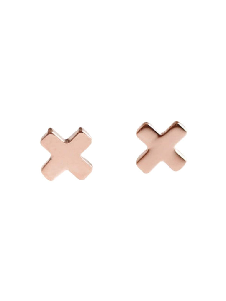 Boucles d'oreilles croix femme, acier inoxydable doré, bijou discret, placage or 18K, modèle Gusta - Boucles d'oreilles - Or rosé 4 mm