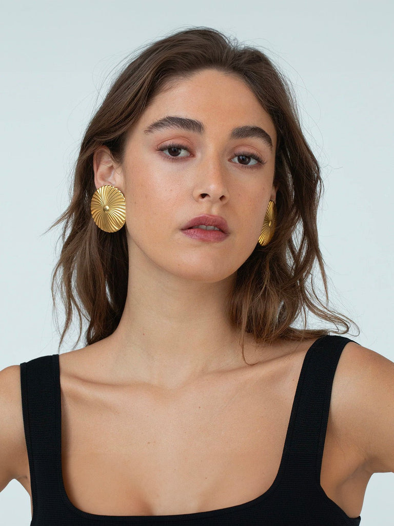 Boucles d'oreilles dorées, rondes, texturées, acier inoxydable, larges, style chic et soirée, modèle Émilie - Boucles d'oreilles - Or