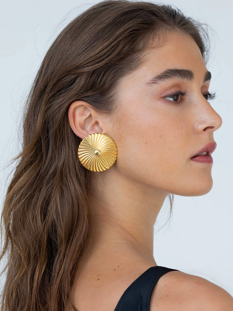 Boucles d'oreilles dorées, rondes, texturées, acier inoxydable, larges, style chic et soirée, modèle Émilie - Boucles d'oreilles - Or