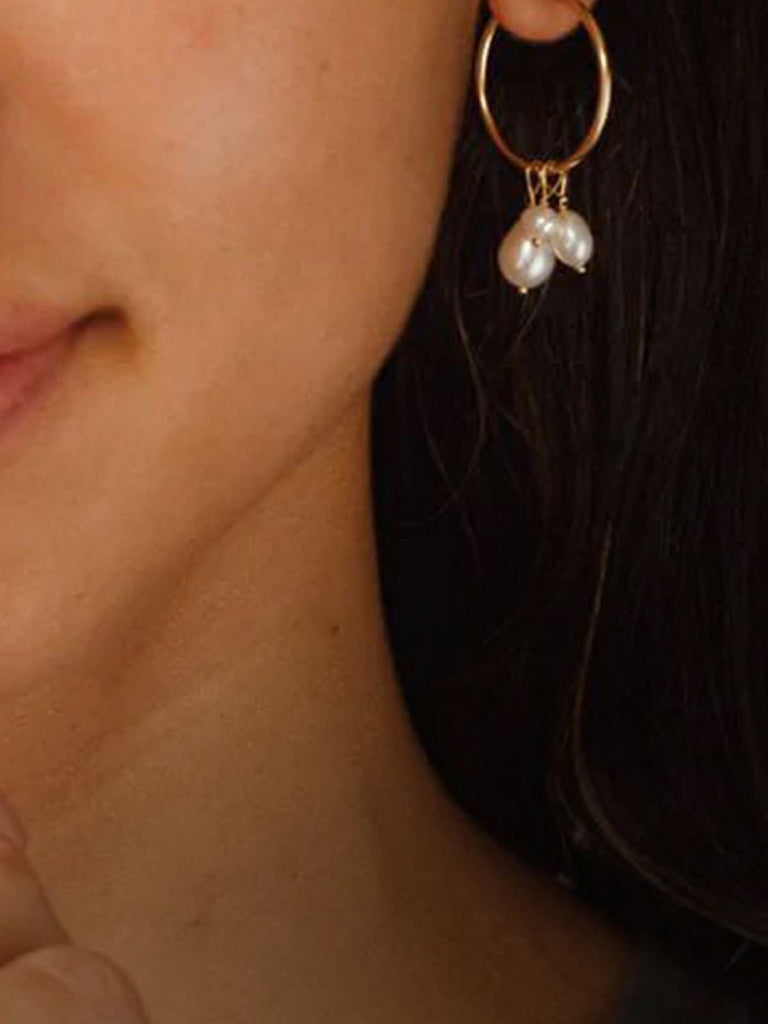 Boucles d’oreilles femme, perles d’eau douce, acier inoxydable, anneaux modernes, doré ou argenté, modèle Joselaine - Boucles d'oreilles - Or 25 mm