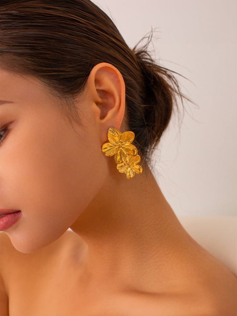 Boucles d'oreilles fleurs, acier inoxydable, or 18K, grande taille, style INS, modèle Akola - Boucles d'oreilles - Or