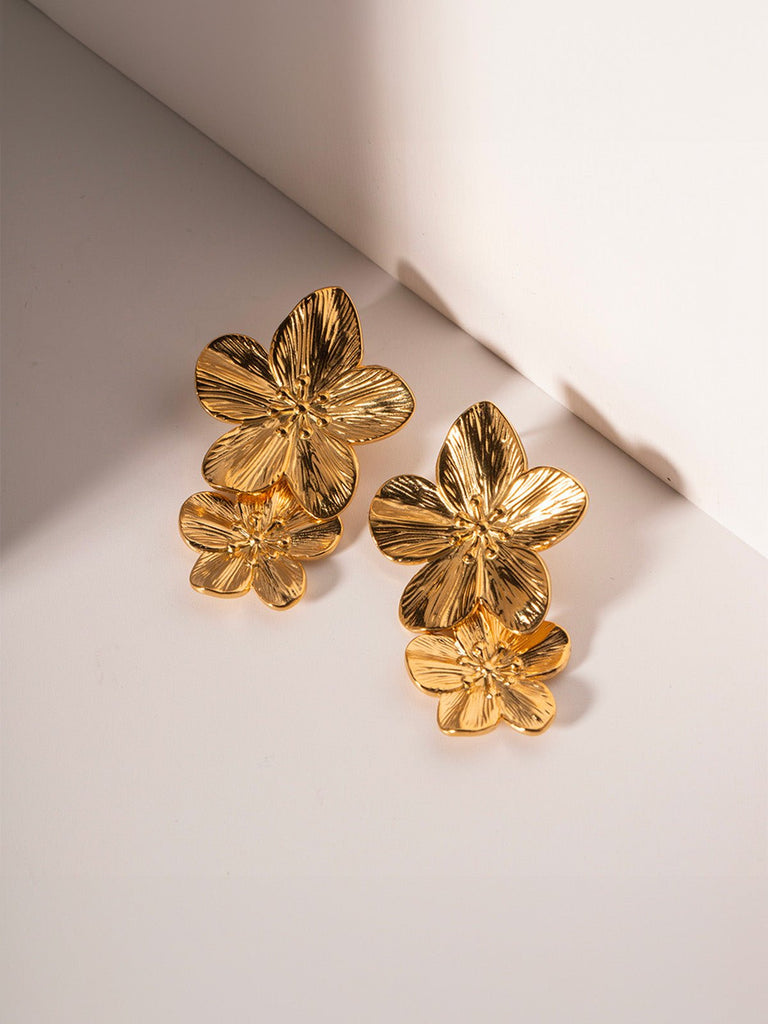 Boucles d'oreilles fleurs, acier inoxydable, or 18K, grande taille, style INS, modèle Akola - Boucles d'oreilles - Or