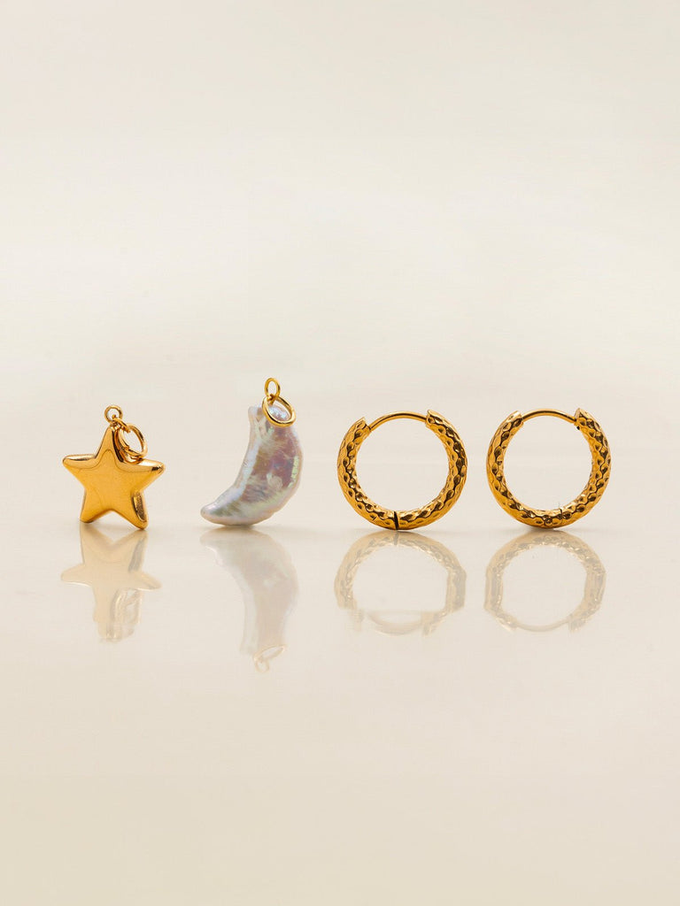 Boucles d'oreilles lune étoile, acier inoxydable, plaqué or 18K, nacre naturelle, hypoallergénique, modèle Mireille - Boucles d'oreilles - Or
