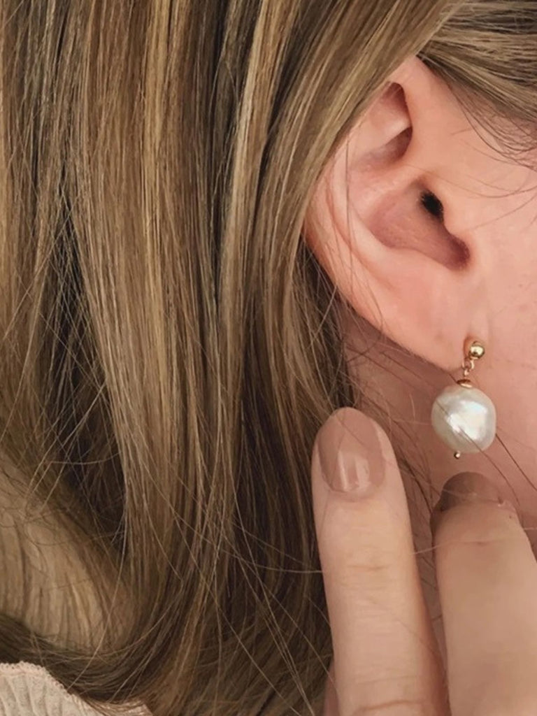 Boucles d’oreilles perles d’eau douce, acier inoxydable, plaqué or 14K, style minimaliste, bijoux femme, modèle June - Boucles d'oreilles - Or 32 mm