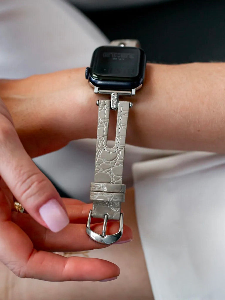 Bracelet Apple Watch effet crocodile femme cuir gris, métal et strass, design moderne, compatible toutes séries, modèle Neyla - Bracelet Apple Watch - Beige 38 à 42mm