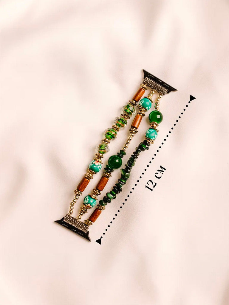 Bracelet Apple Watch femme en pierres d'agate vertes et bois, perles de céramique, élastique, modèle Véro - Bracelet Apple Watch - Multicolore 38 à 42mm