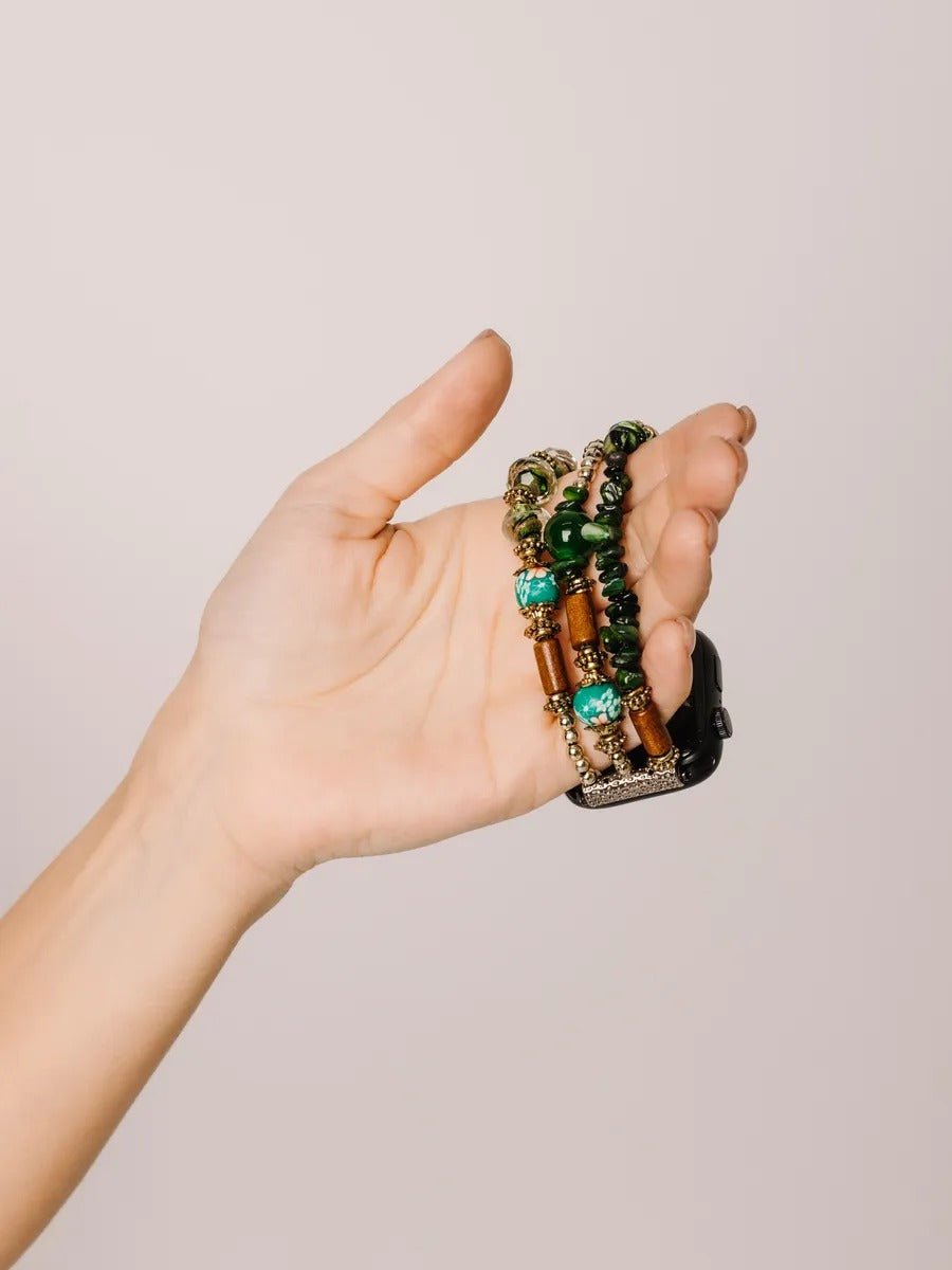 Bracelet Apple Watch femme en pierres d'agate vertes et bois, perles de céramique, élastique, modèle Véro - Bracelet Apple Watch - Multicolore 38 à 42mm