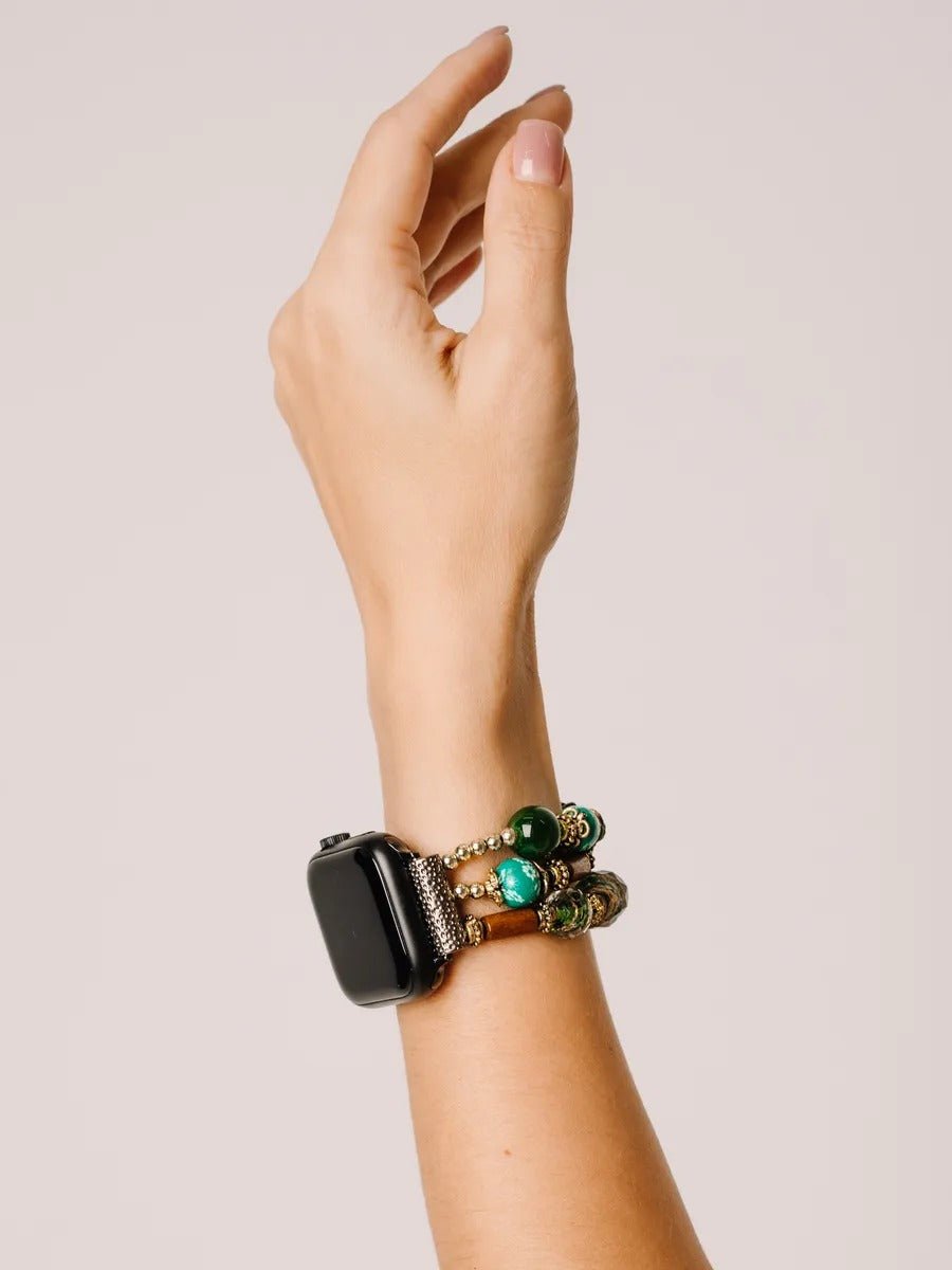 Bracelet Apple Watch femme en pierres d'agate vertes et bois, perles de céramique, élastique, modèle Véro - Bracelet Apple Watch - Multicolore 38 à 42mm