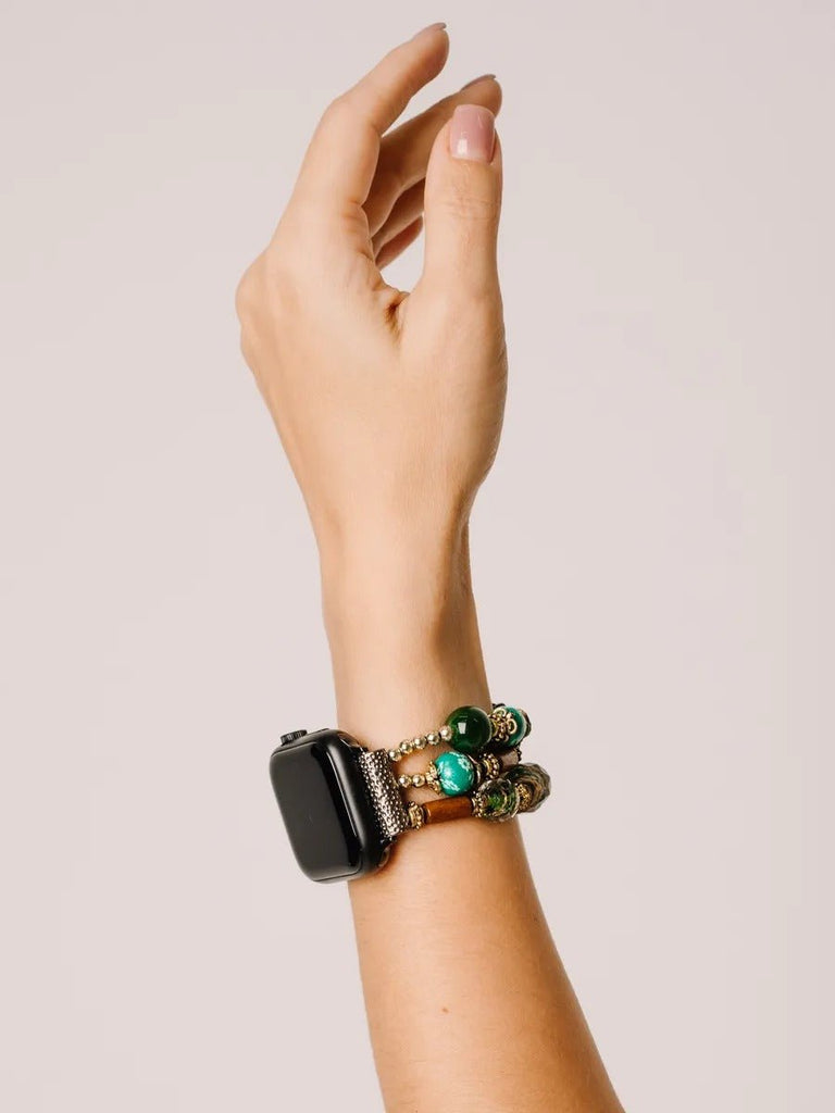Bracelet Apple Watch femme en pierres d'agate vertes et bois, perles de céramique, élastique, modèle Véro - Bracelet Apple Watch - Multicolore 38 à 42mm