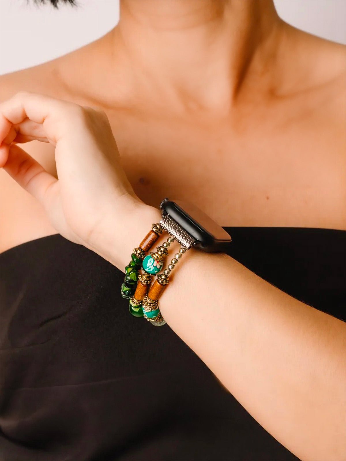 Bracelet Apple Watch femme en pierres d'agate vertes et bois, perles de céramique, élastique, modèle Véro - Bracelet Apple Watch - Multicolore 38 à 42mm
