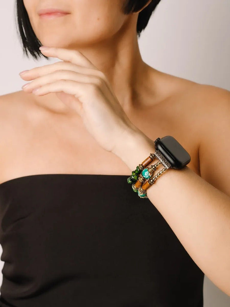Bracelet Apple Watch femme en pierres d'agate vertes et bois, perles de céramique, élastique, modèle Véro - Bracelet Apple Watch - Multicolore 38 à 42mm