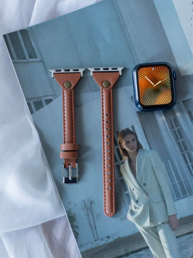 Bracelet Apple Watch, montre en cuir pour Apple Watch, confort, style, ajustable, compatible toutes séries, modèle Christelle - Bracelet Apple Watch - Marron 38 à 42mm