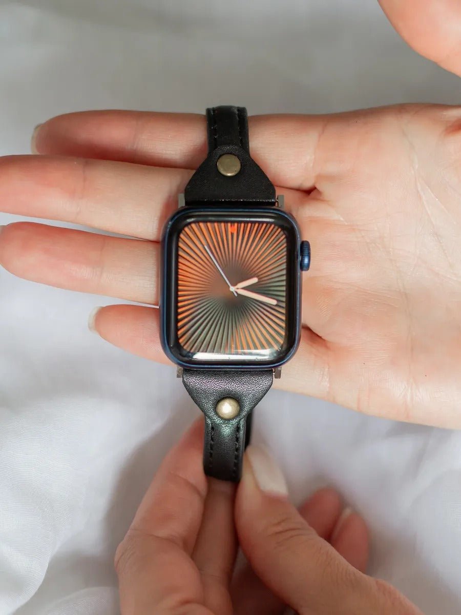 Bracelet Apple Watch, montre en cuir pour Apple Watch, confort, style, ajustable, compatible toutes séries, modèle Christelle - Bracelet Apple Watch - Noir 38 à 42mm