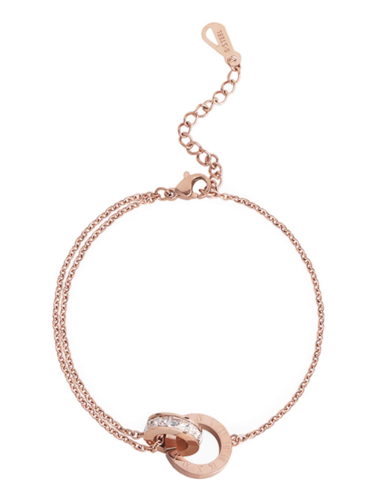 Bracelet cercles entrelacés, acier titane, chiffres romains, cristaux brillants, double chaîne fine, modèle Clémonce - Bracelet - Or rosé