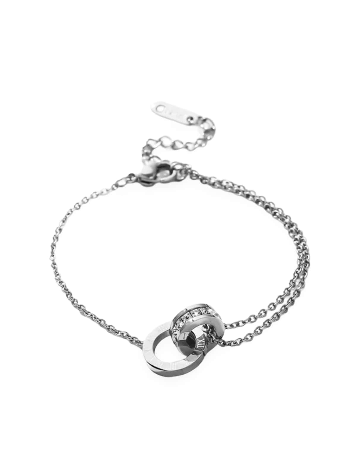 Bracelet cercles entrelacés, acier titane, chiffres romains, cristaux brillants, double chaîne fine, modèle Clémonce - Bracelet - Argent