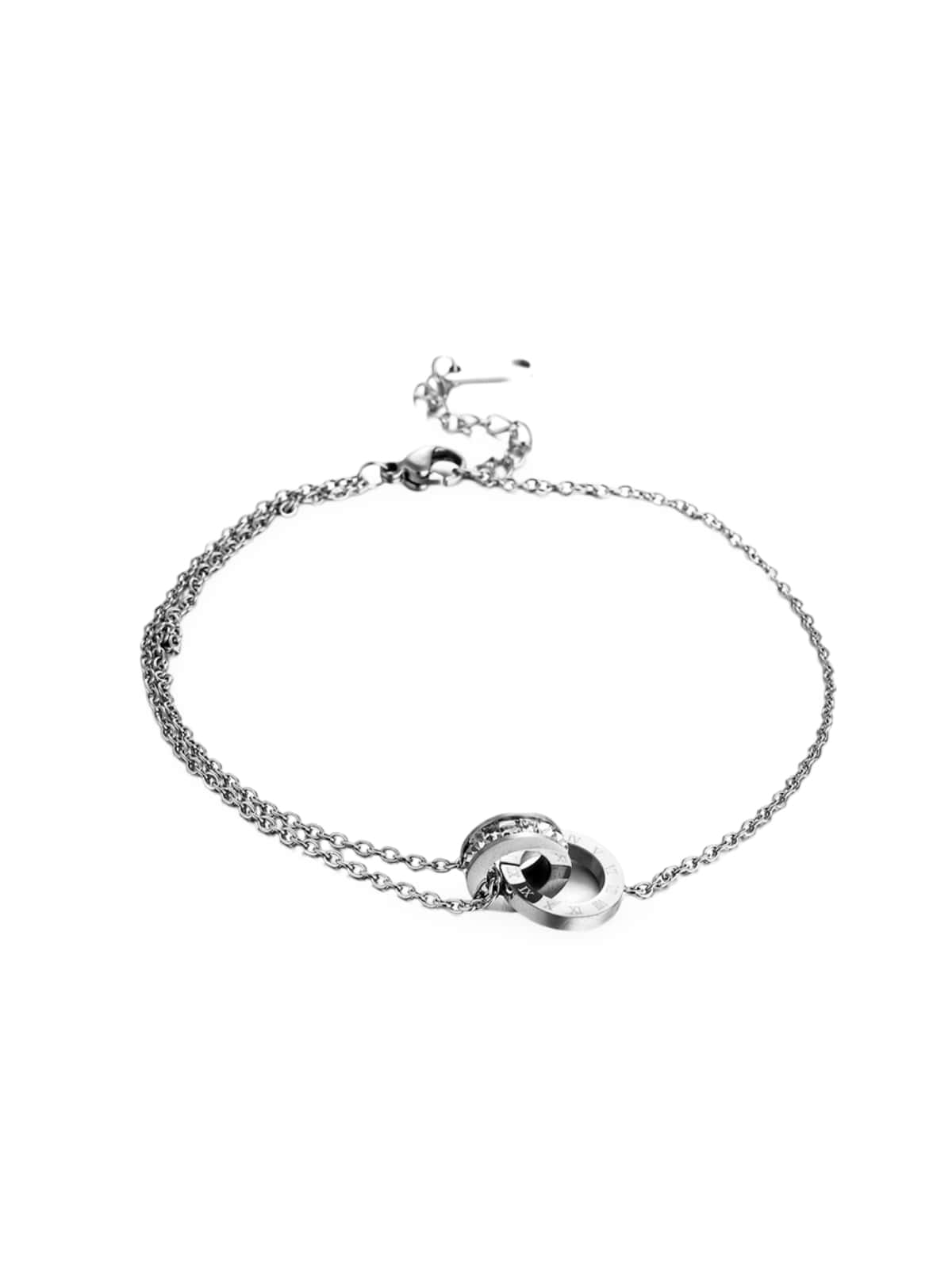 Bracelet cercles entrelacés, acier titane, chiffres romains, cristaux brillants, double chaîne fine, modèle Clémonce - Bracelet - Argent