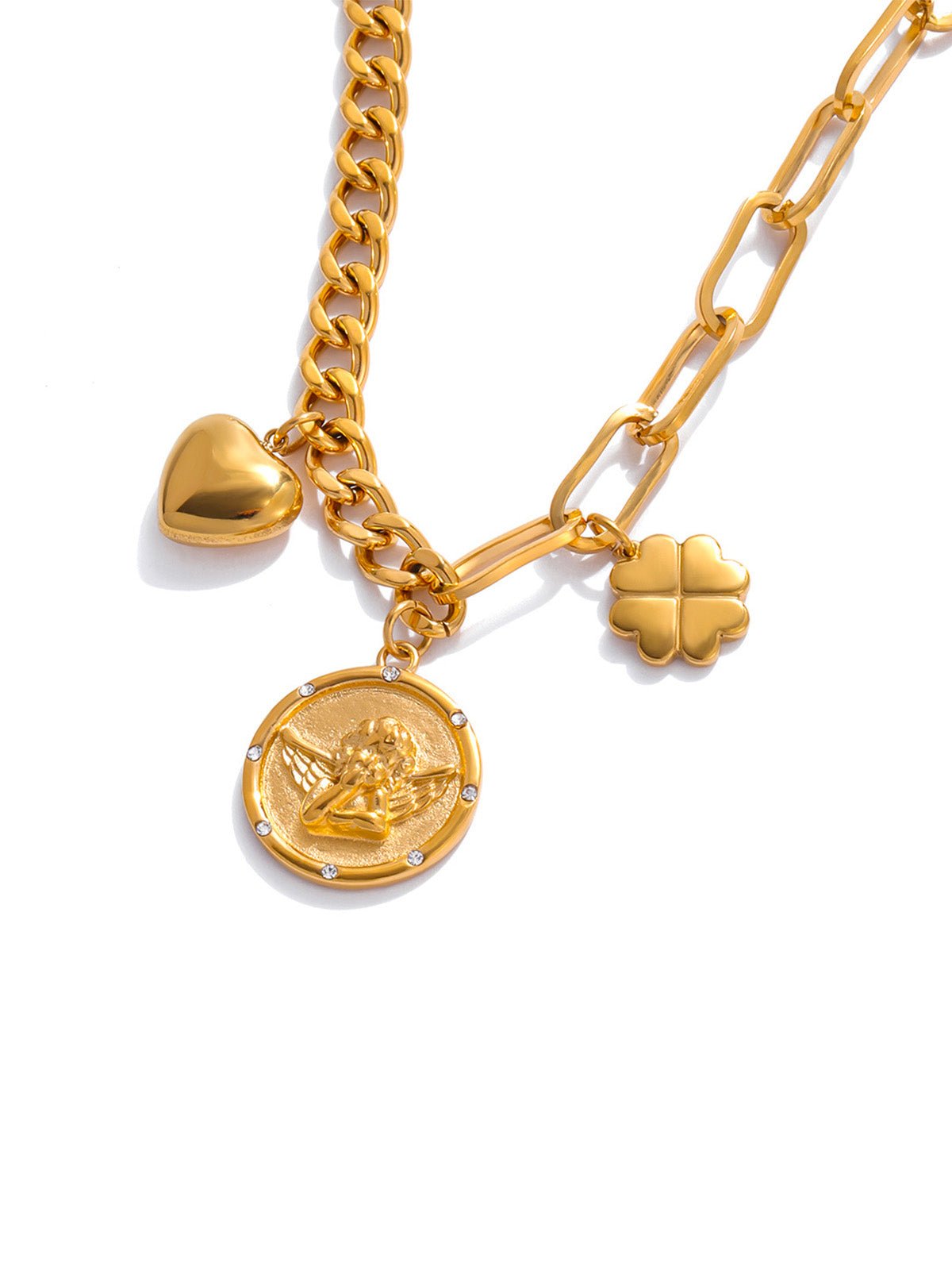 Bracelet chaîne dorée, médaillon ange, breloques cœur et trèfle, acier inoxydable, modèle Apoline - Boucles d'oreilles - Or