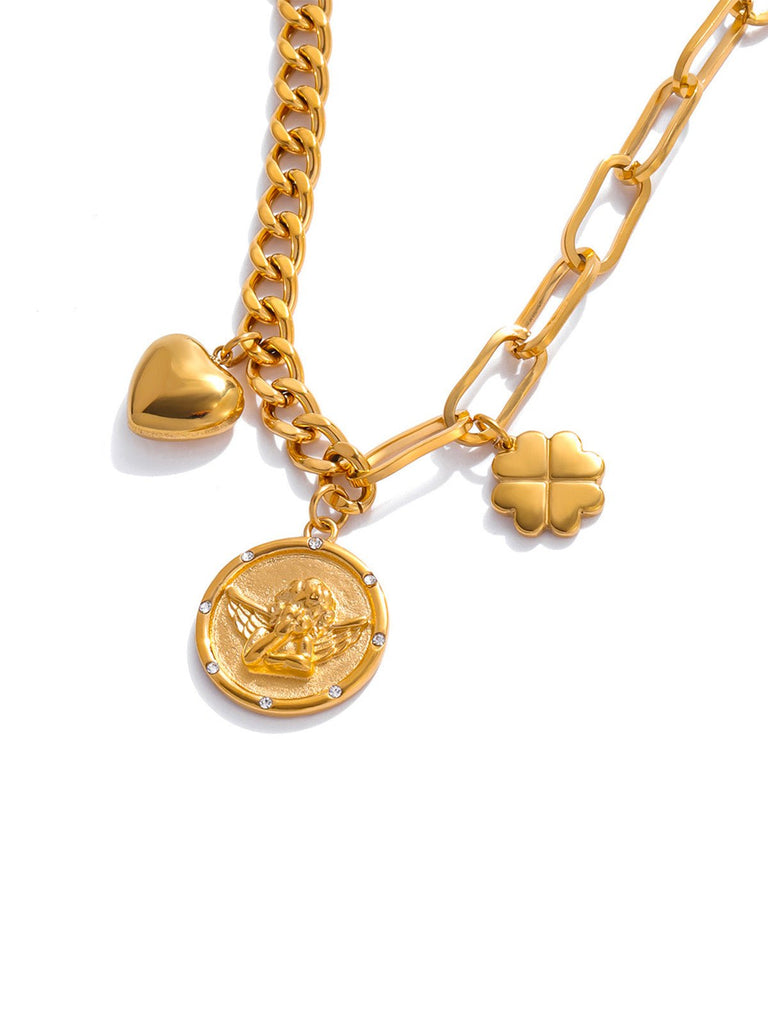 Bracelet chaîne dorée, médaillon ange, breloques cœur et trèfle, acier inoxydable, modèle Apoline - Boucles d'oreilles - Or