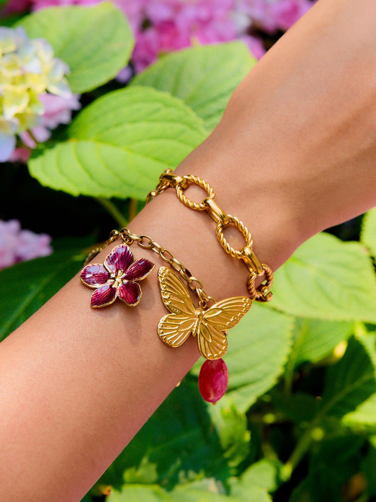 Bracelet chaîne dorée, papillon doré, fleur émaillée rouge, perle ovale rose, acier inoxydable, modèle Giulia - Boucles d'oreilles - Or