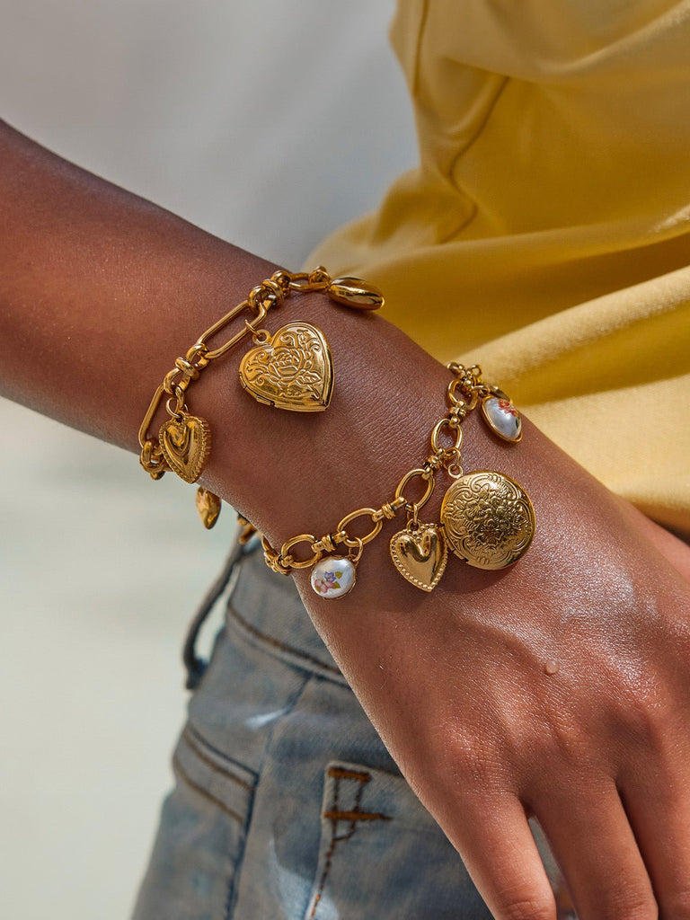 Bracelet charms doré, cœur gravé, médaillon photo, acier inoxydable, perles émaillées, modèle Agathe - Boucles d'oreilles - Or