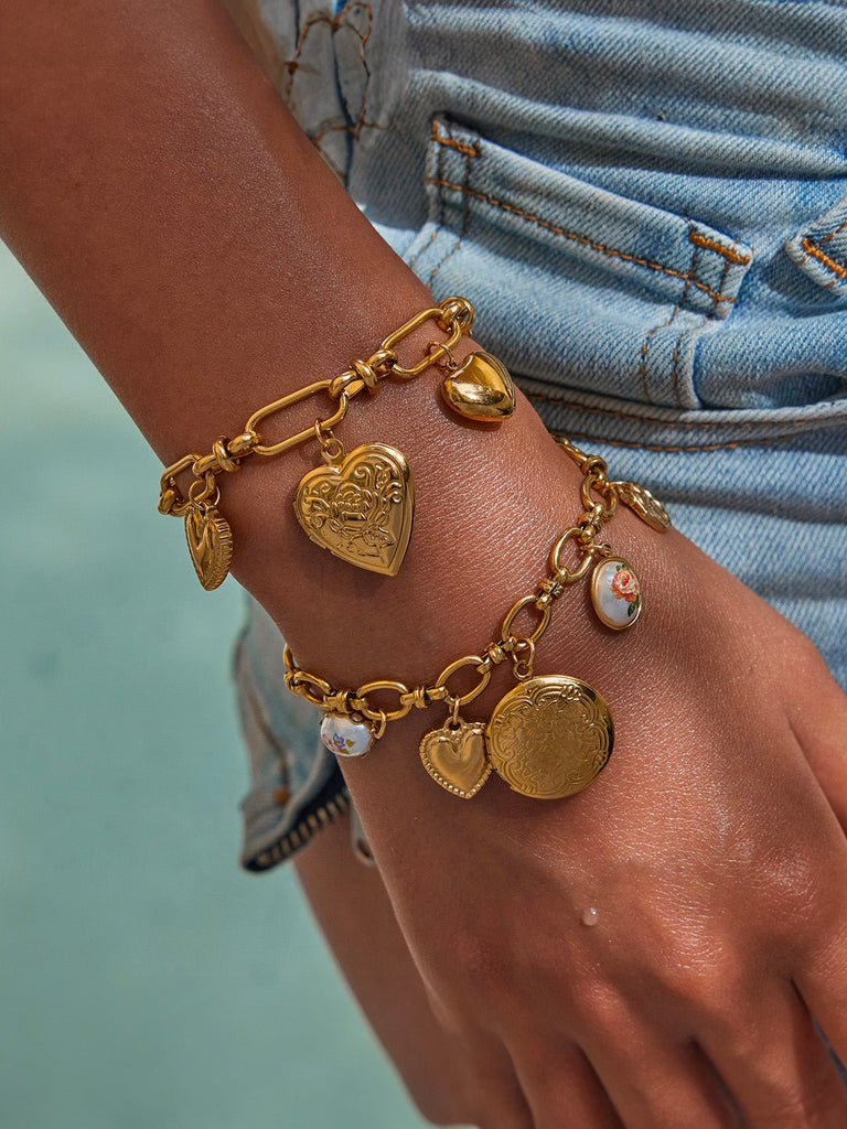 Bracelet charms doré, cœur gravé, médaillon photo, acier inoxydable, perles émaillées, modèle Agathe - Boucles d'oreilles - Or