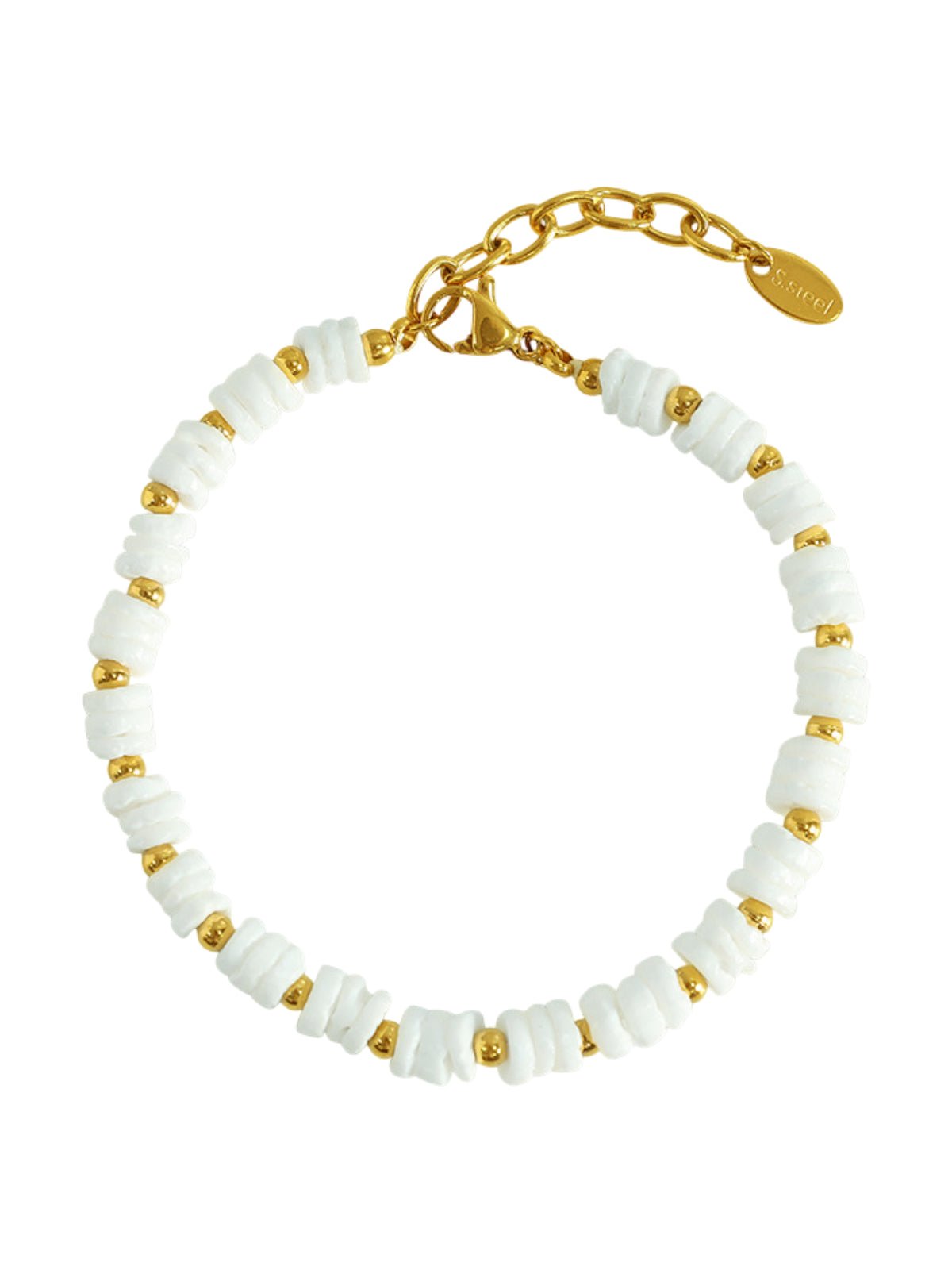 Bracelet coquillage blanc, perles dorées et nacres blanches, style chic, ajustable, acier inoxydable, modèle Sabrina - Bracelet - Or