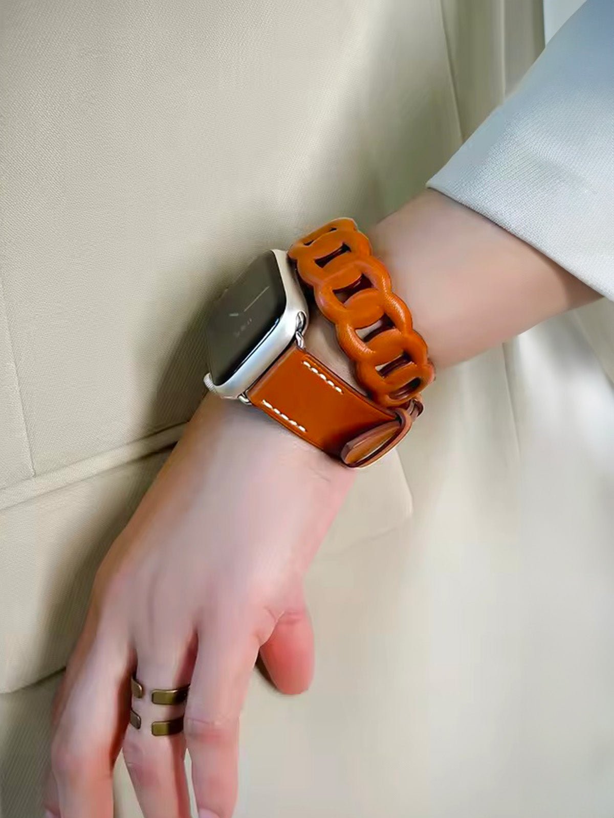 Bracelet double tour cuir Apple Watch, maillons larges, confort ajustable, style mode, compatible toutes séries, modèle Ezine - Bracelet Apple Watch - Marron 38 à 42mm