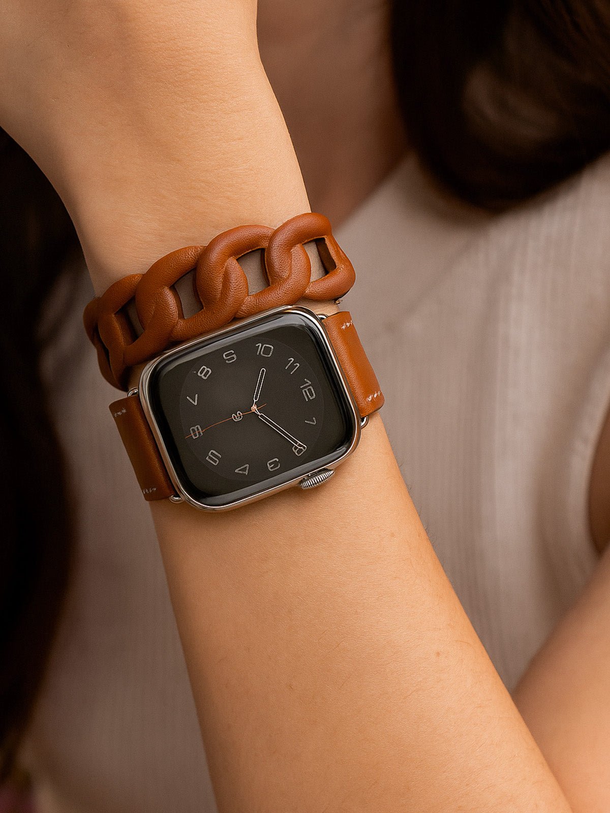 Bracelet double tour cuir Apple Watch, maillons larges, confort ajustable, style mode, compatible toutes séries, modèle Ezine - Bracelet Apple Watch - Marron 38 à 42mm