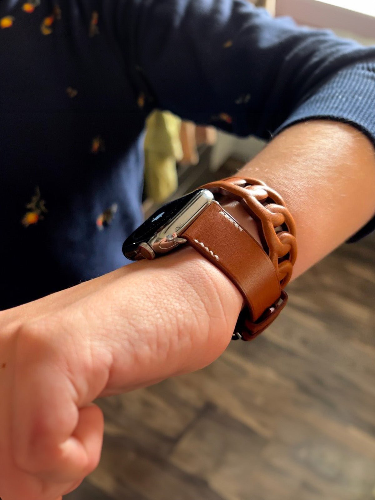 Bracelet double tour cuir Apple Watch, maillons larges, confort ajustable, style mode, compatible toutes séries, modèle Ezine - Bracelet Apple Watch - Marron 38 à 42mm