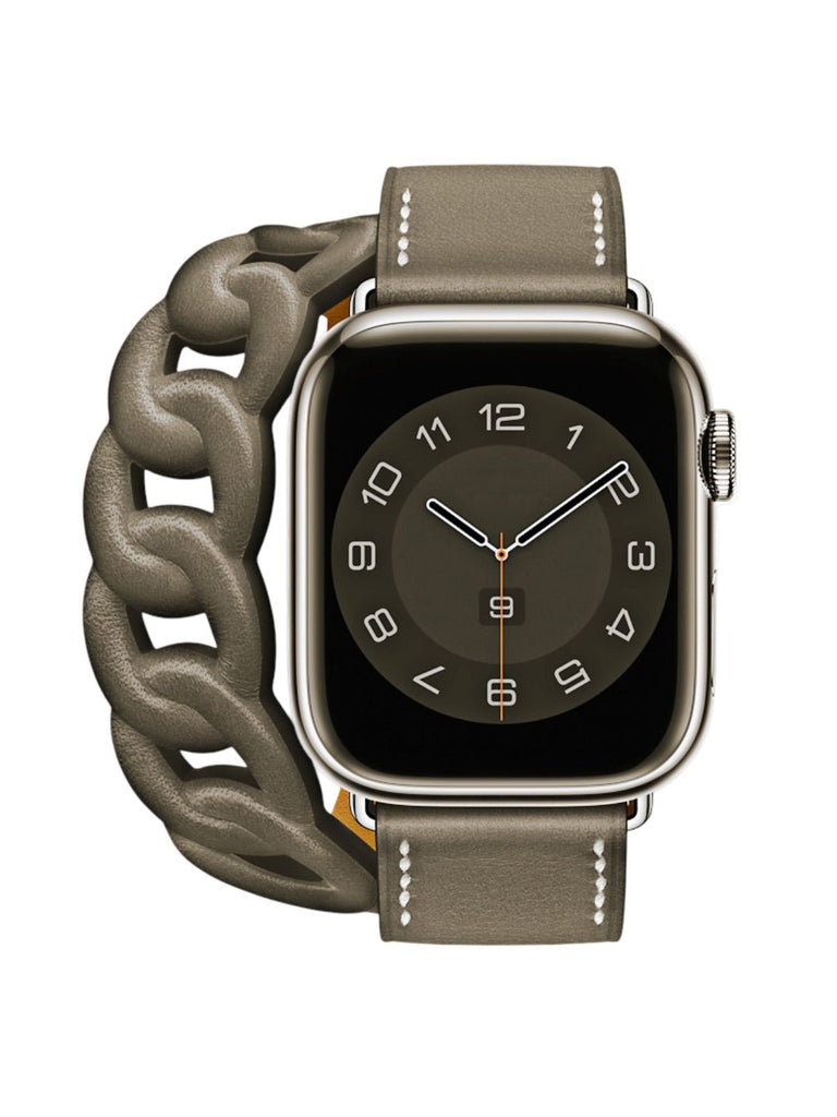 Bracelet double tour cuir Apple Watch, maillons larges, confort ajustable, style mode, compatible toutes séries, modèle Ezine - Bracelet Apple Watch - Gris 38 à 42mm