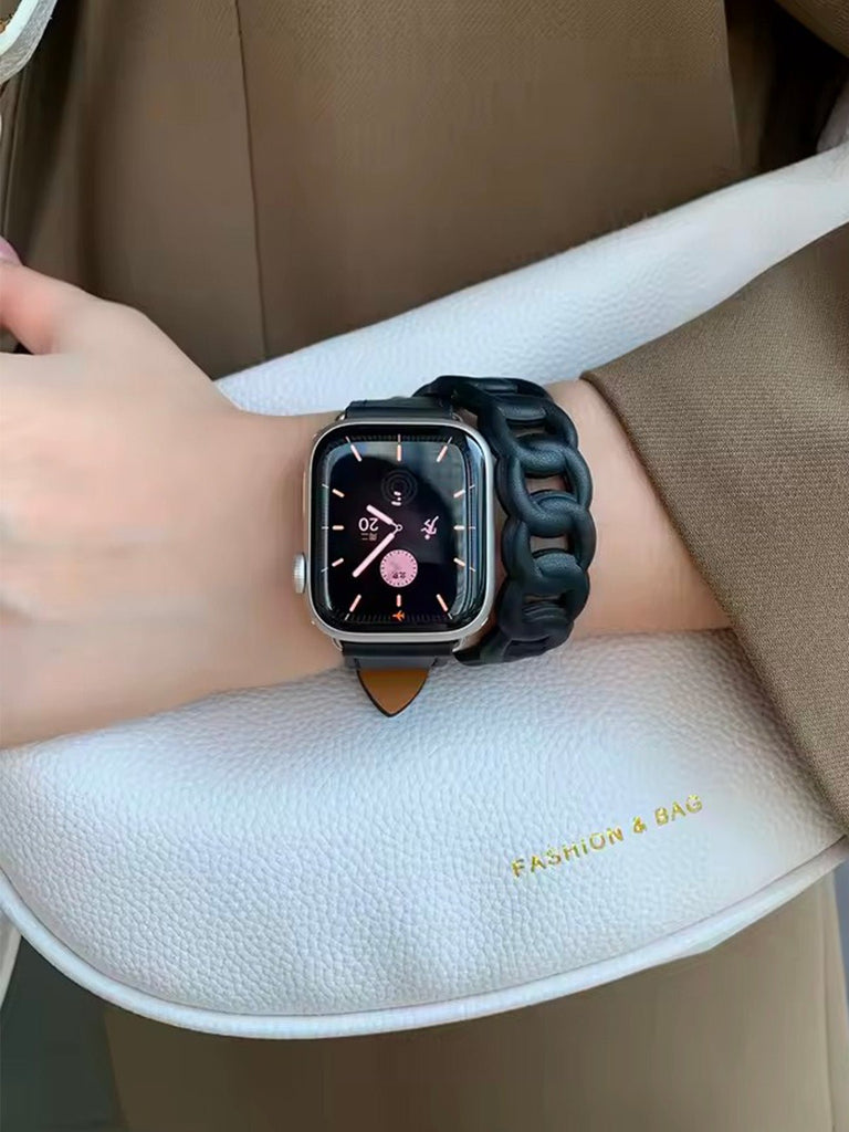 Bracelet double tour cuir Apple Watch, maillons larges, confort ajustable, style mode, compatible toutes séries, modèle Ezine - Bracelet Apple Watch - Noir 38 à 42mm
