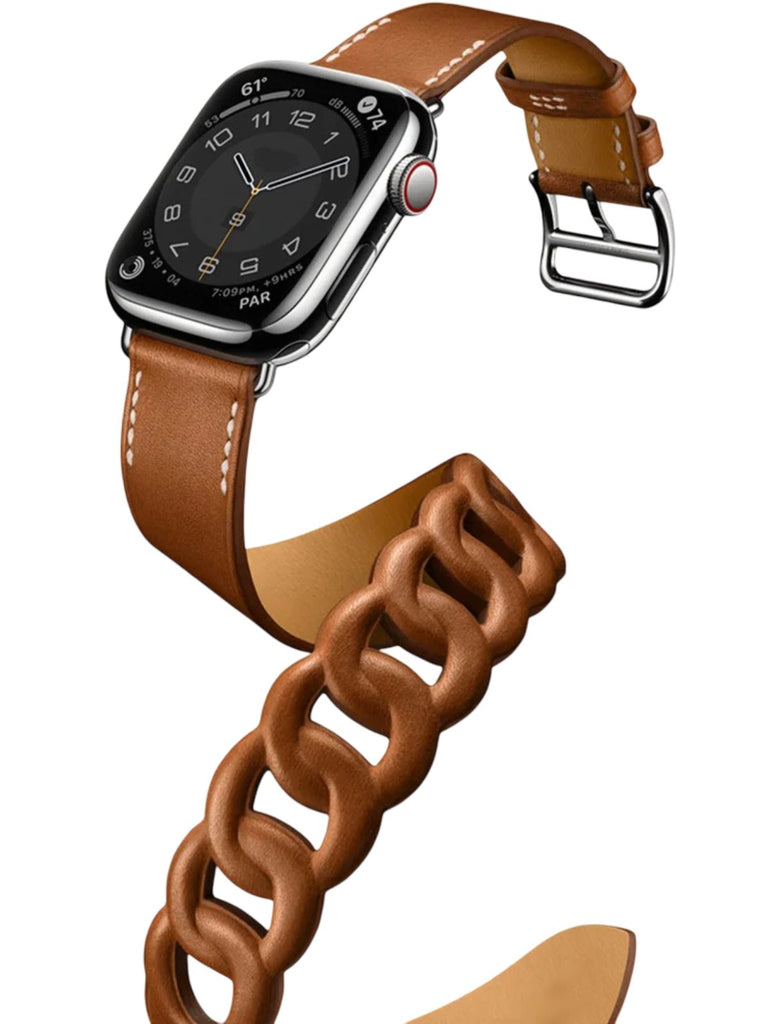 Bracelet double tour cuir Apple Watch, maillons larges, confort ajustable, style mode, compatible toutes séries, modèle Ezine - Bracelet Apple Watch - Marron 38 à 42mm