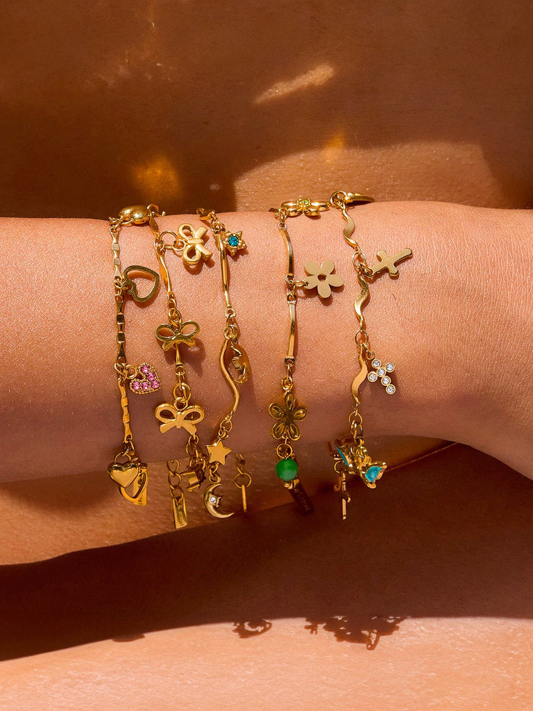 Bracelet en acier inoxydable doré à charms, cœurs, fleurs, croix, pierres colorées, breloques d'été, modèle Betty - Boucles d'oreilles - Style 1 Or