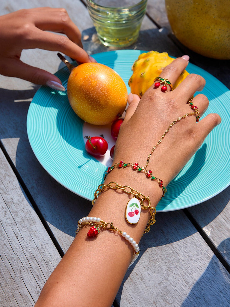 Bracelet en acier inoxydable doré, perles blanches, breloque fraise, pendentif cerise, style fruité, modèle Romy - Boucles d'oreilles - Or
