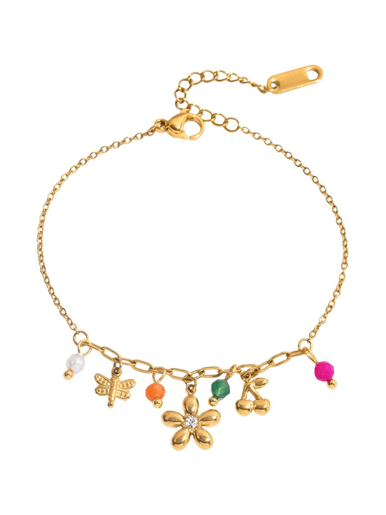 Bracelet fantaisie doré, breloques colorées, acier inoxydable, waterproof, été 2025, chaîne fine, modèle Sadia - Bracelet - Style 3 16.5 + 5 cm