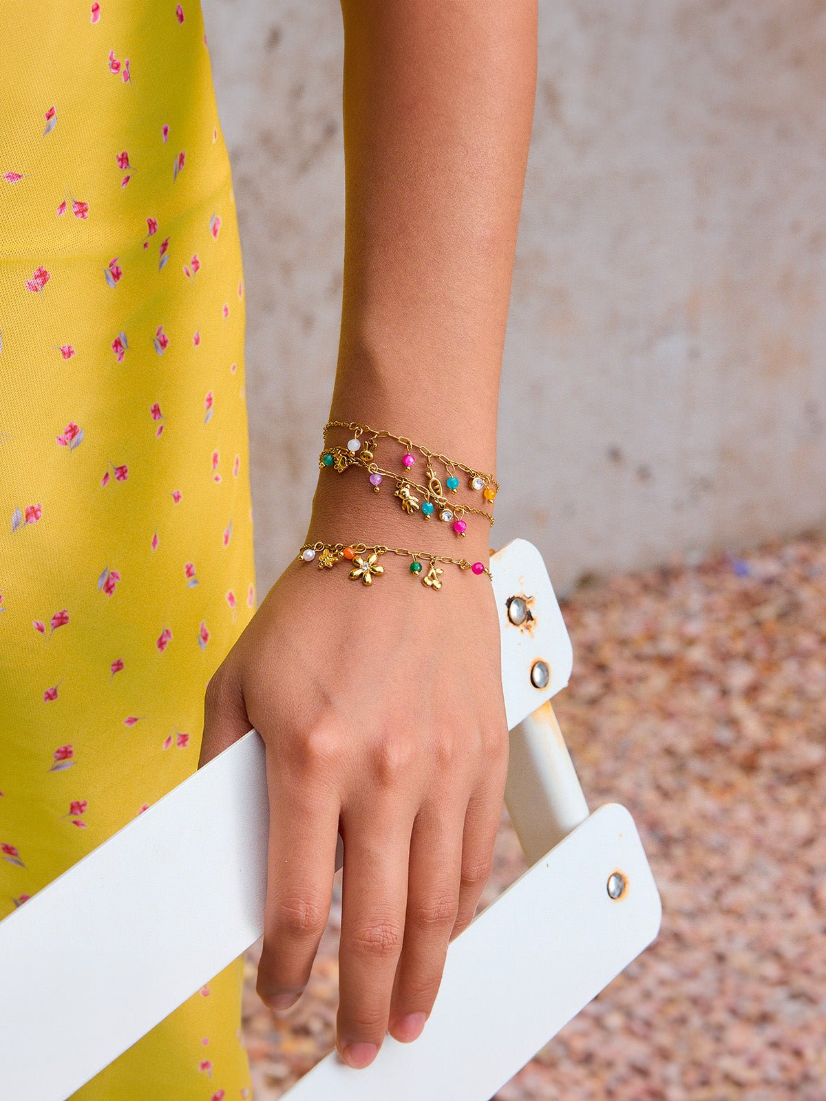 Bracelet fantaisie doré, breloques colorées, acier inoxydable, waterproof, été 2025, chaîne fine, modèle Sadia - Bracelet - Style 1 16.5 + 5 cm