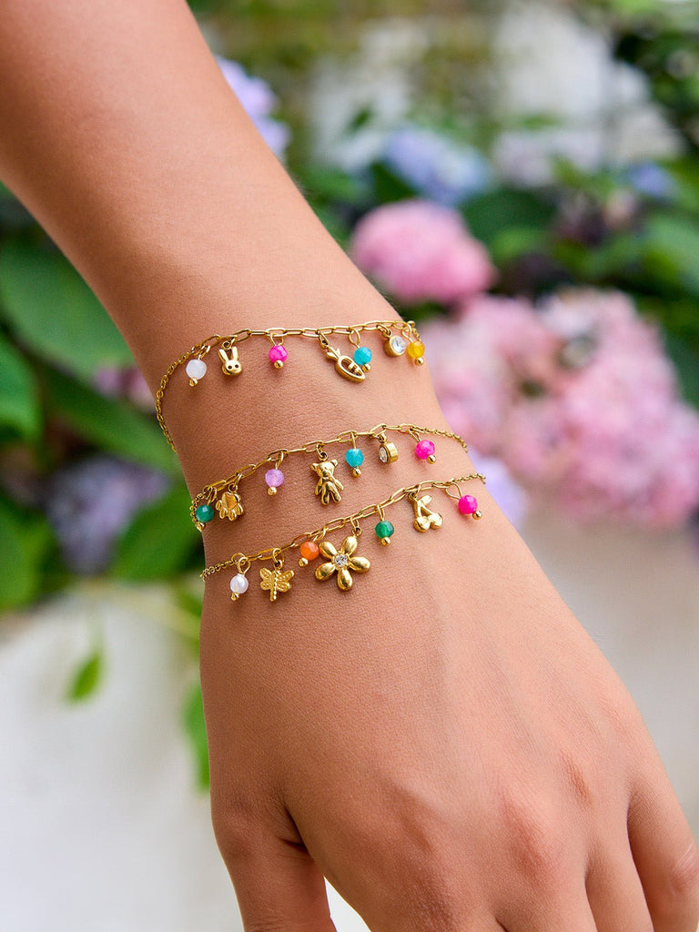 Bracelet fantaisie doré, breloques colorées, acier inoxydable, waterproof, été 2025, chaîne fine, modèle Sadia - Bracelet - Style 1 16.5 + 5 cm