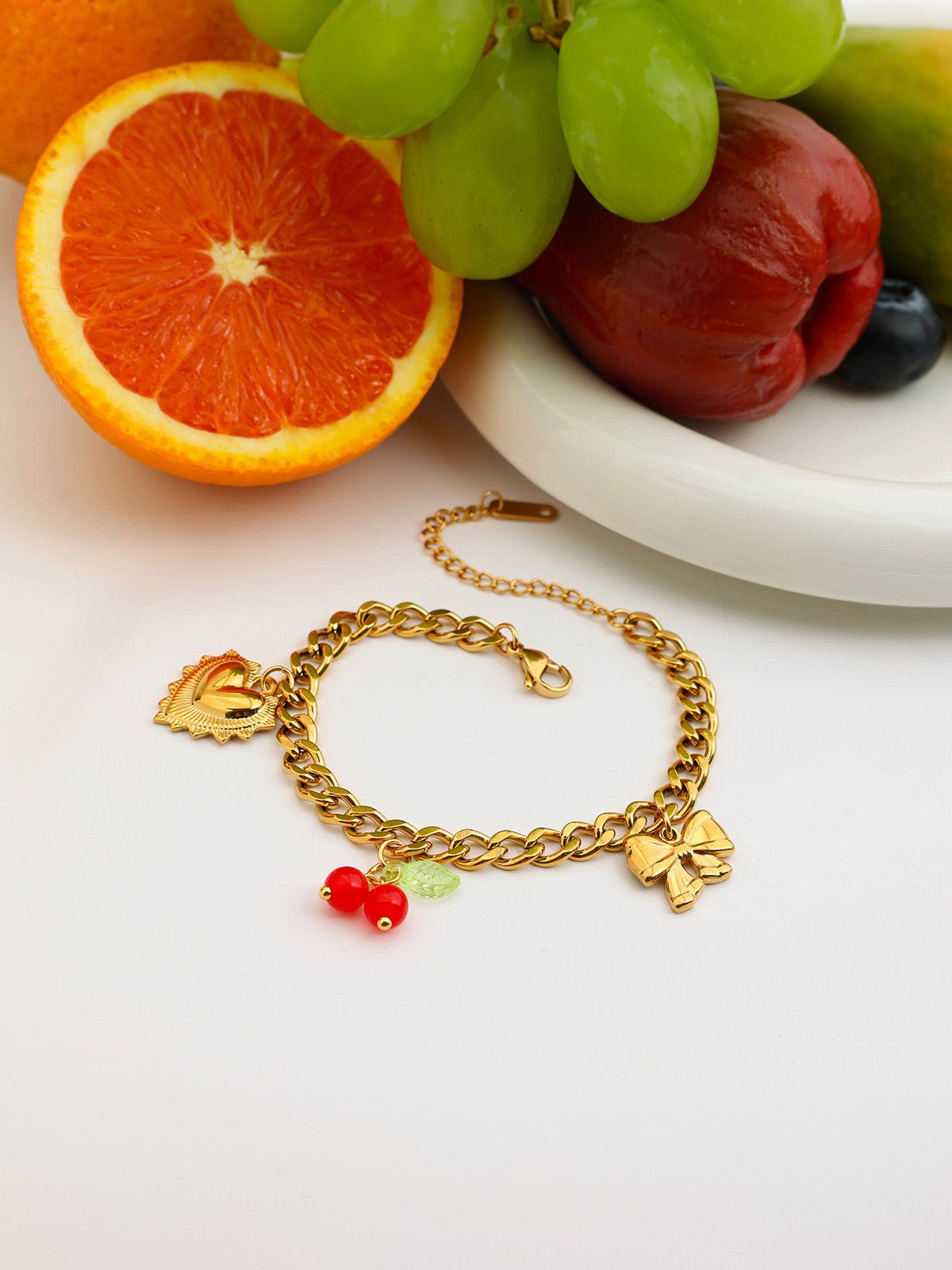 Bracelet gourmette doré, charms cœur, nœud et cerises, acier inoxydable, waterproof, hypoallergénique, modèle Yasmine - Boucles d'oreilles - Or