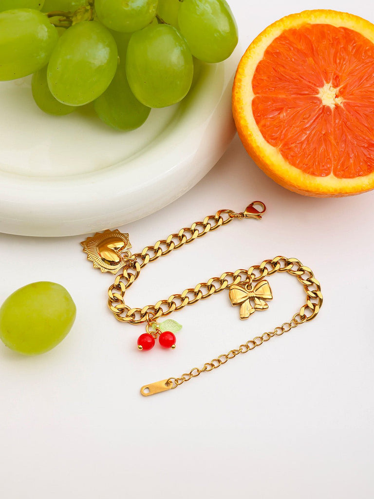 Bracelet gourmette doré, charms cœur, nœud et cerises, acier inoxydable, waterproof, hypoallergénique, modèle Yasmine - Boucles d'oreilles - Or