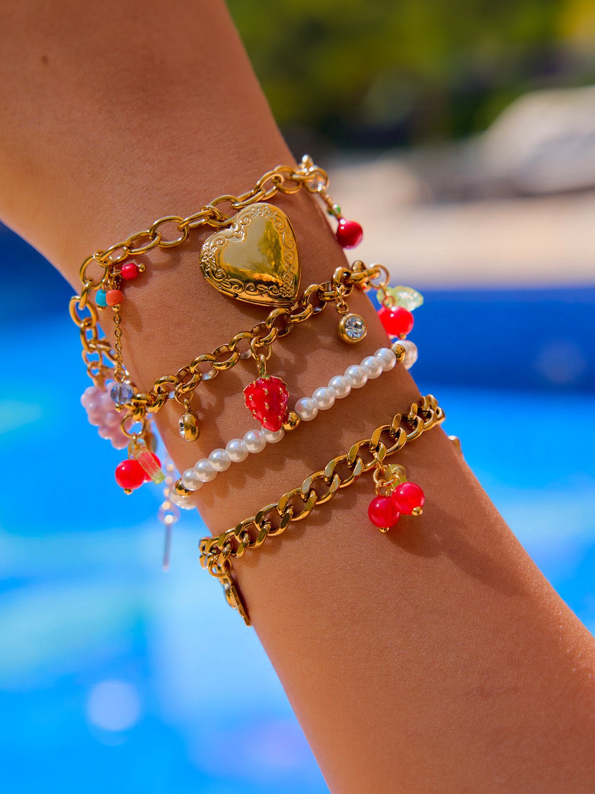 Bracelet gourmette doré, charms cœur, nœud et cerises, acier inoxydable, waterproof, hypoallergénique, modèle Yasmine - Boucles d'oreilles - Or