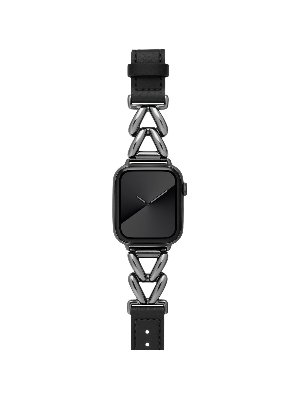Bracelet montre Apple Watch cuir, maillons métal argent, style moderne, ajustable, modèle Rénata - Bracelet Apple Watch - Noir 38 à 42mm