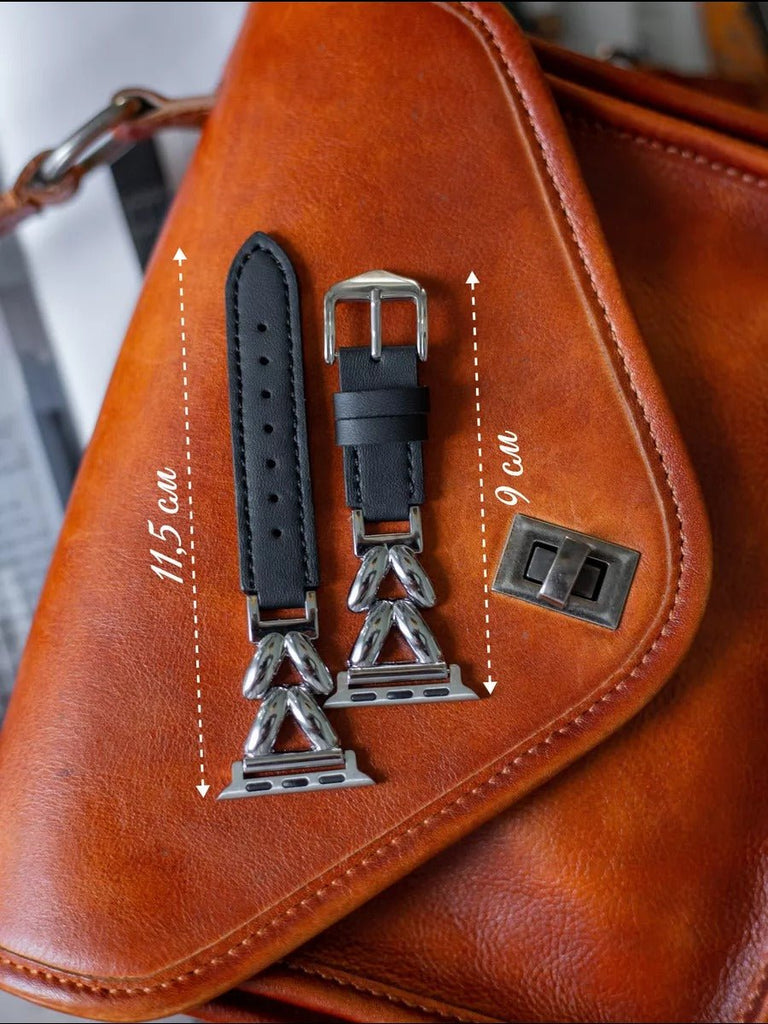 Bracelet montre Apple Watch cuir, maillons métal argent, style moderne, ajustable, modèle Rénata - Bracelet Apple Watch - Noir 38 à 42mm