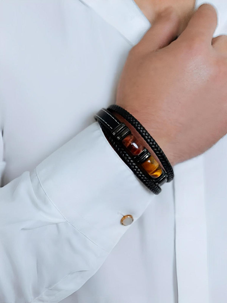 Bracelet multi - rangs, en cuir tressé, pierres en œil de tigre, fermoir magnétique, bijou homme, modèle Jack - Bracelet - Œil de tigre S