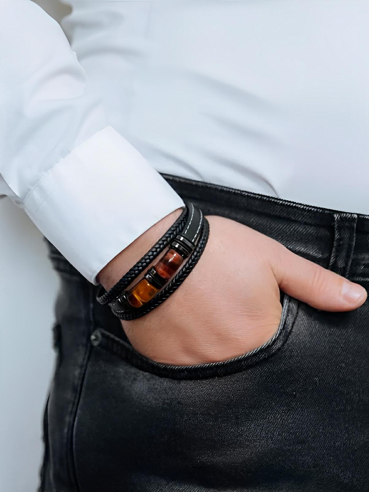 Bracelet multi - rangs, en cuir tressé, pierres en œil de tigre, fermoir magnétique, bijou homme, modèle Jack - Bracelet - Œil de tigre S