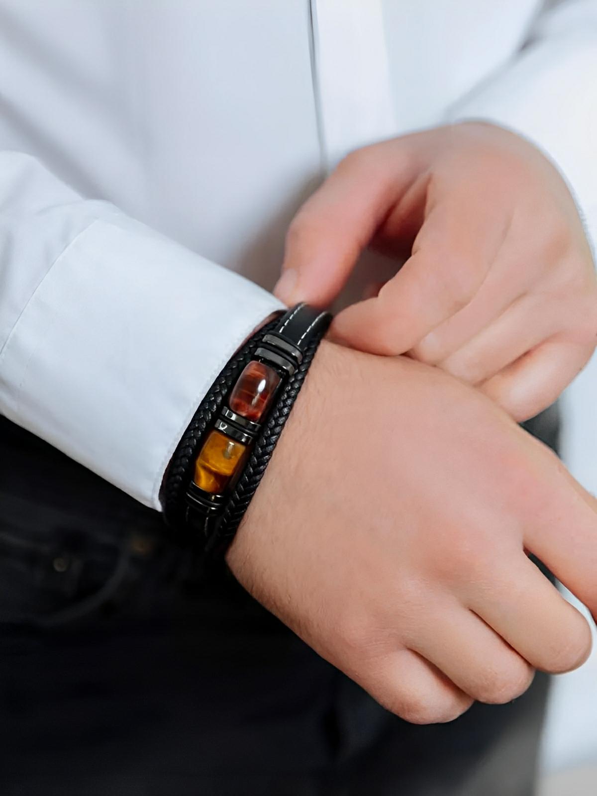 Bracelet multi - rangs, en cuir tressé, pierres en œil de tigre, fermoir magnétique, bijou homme, modèle Jack - Bracelet - Œil de tigre S