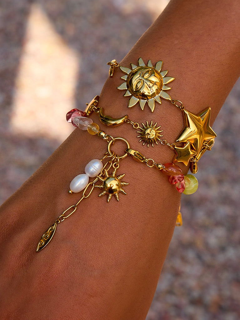 Bracelet soleil doré en acier inoxydable, pierres colorées, perles d'eau douce, chaîne réglable, modèle Nour - Boucles d'oreilles - Multicolore