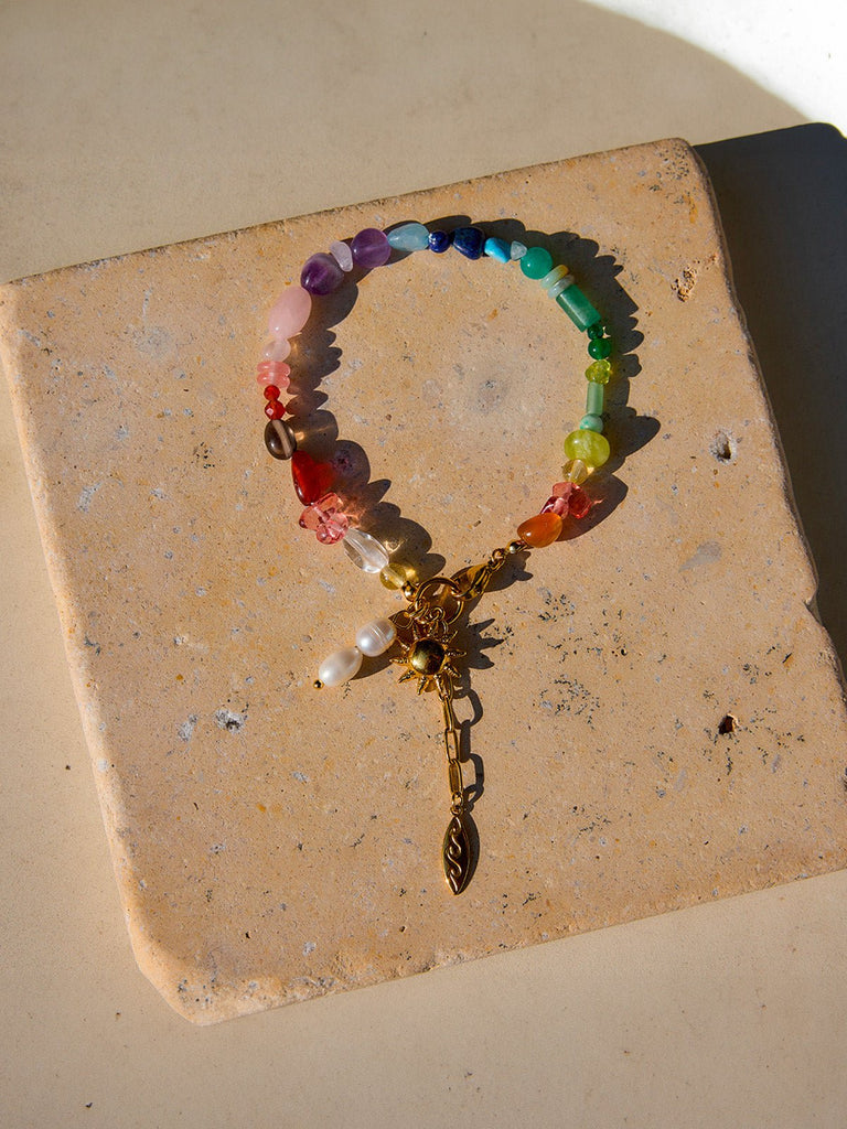 Bracelet soleil doré en acier inoxydable, pierres colorées, perles d'eau douce, chaîne réglable, modèle Nour - Boucles d'oreilles - Multicolore