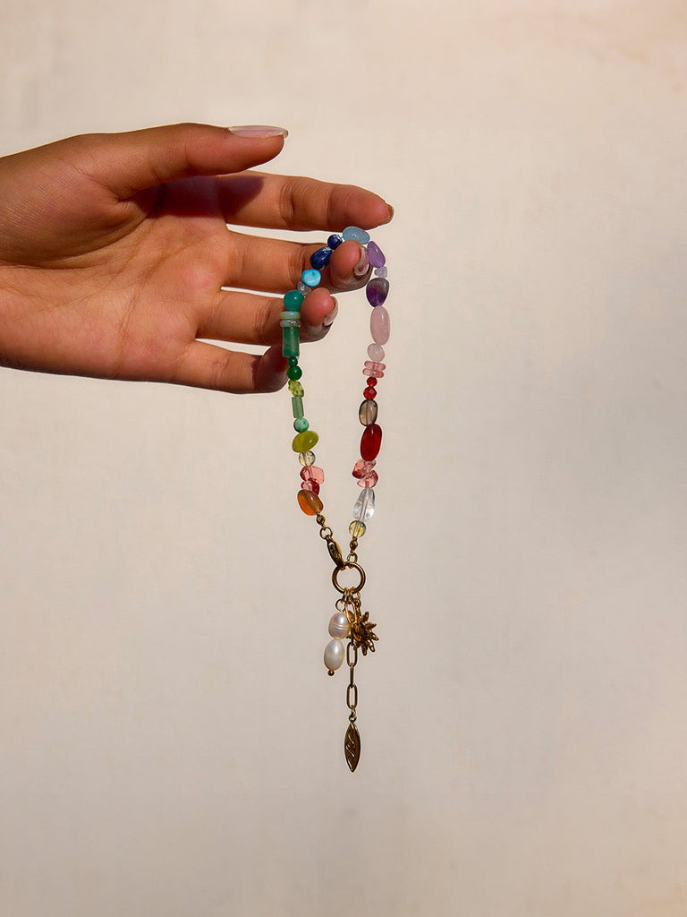 Bracelet soleil doré en acier inoxydable, pierres colorées, perles d'eau douce, chaîne réglable, modèle Nour - Boucles d'oreilles - Multicolore
