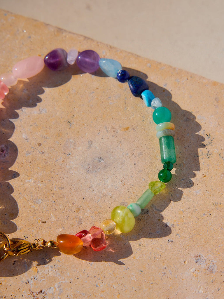 Bracelet soleil doré en acier inoxydable, pierres colorées, perles d'eau douce, chaîne réglable, modèle Nour - Boucles d'oreilles - Multicolore